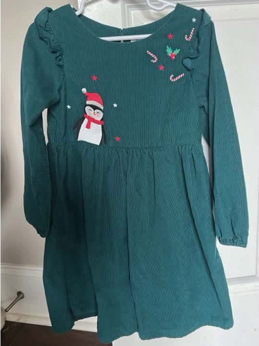 Girls Teal Penguin Holiday Corduroy Dress